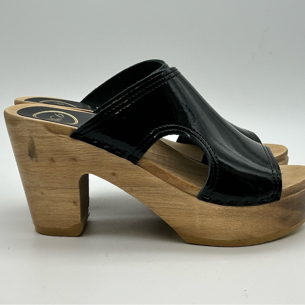 No. 6 Black Patent Leather Platform Clogs with Wood Sole - Picture 7 of 11